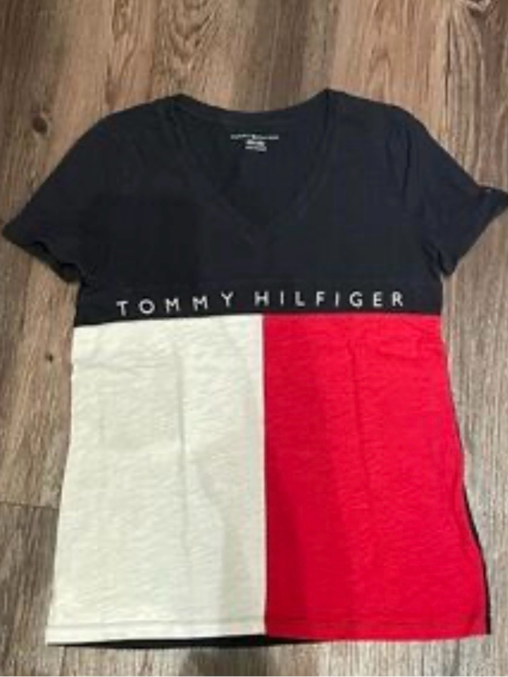 Tommy Hilfiger Preppy Navy V-Neck Colorblock Casual Short Sleeve T-shirt